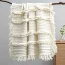 Ultra Soft Pre-Washed Quilted Boho Cream Twin Size Blankets for Bed, Ruffle Fringed Decorative Throw, Stone Washed Chic Rustic Blanket for Sofa Couch Bed, 60"*80"