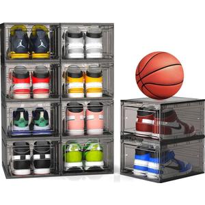 Mitees 10 Pack XX Large Thicken Sturdy Hard Plastic Clear Stackable Shoe Storage Boxes for Size 12, Sneaker Shoe Rack Containers Holders Bins Display Case Organizer for Closet, Grey