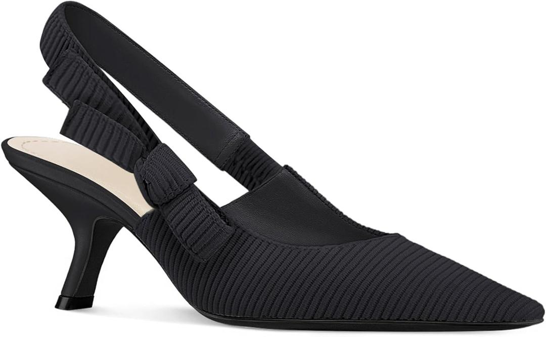 Coutgo Womens Slingback Kitten Heels Closed Pointed Toe Bowknot Knitted Slip On Work Pumps Dress Shoes (5.5, Black)