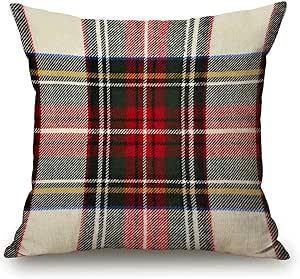 Plaid Pillow Cover 18x18 Inch, Scottish Tartan Red and White Wool Plaid Pattern Symmetric Square Print Double Sided Decorative Pillow Case Throw Pillows Cover