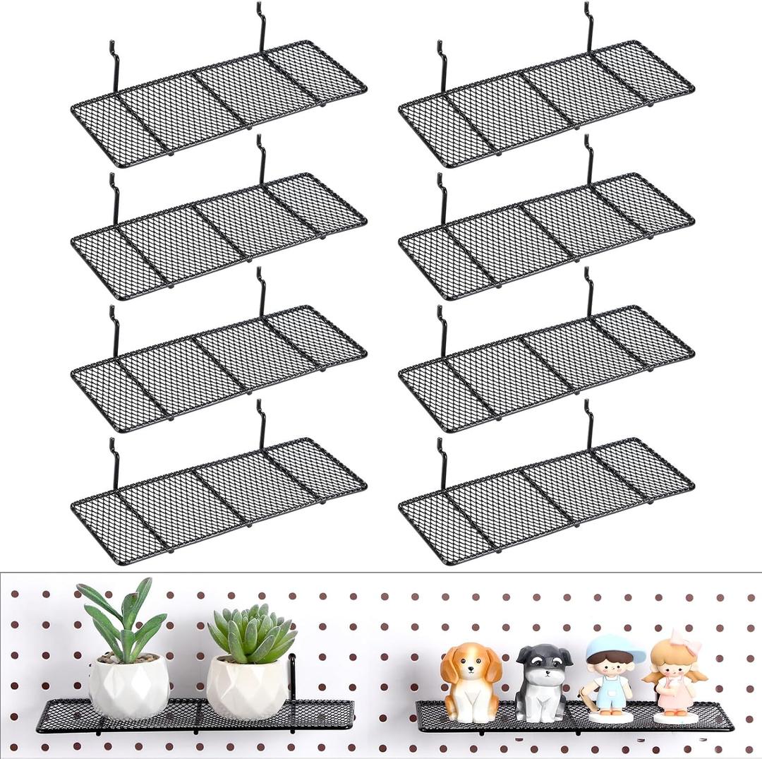 Shimeyao 8 Pcs Pegboard Shelf, Metal Mesh Peg Board Hooks, Shelf Brackets Organizer Attachments for Home Garage Workbench Kitchen, Fit 1/4 and 1/8 Inch, Black
