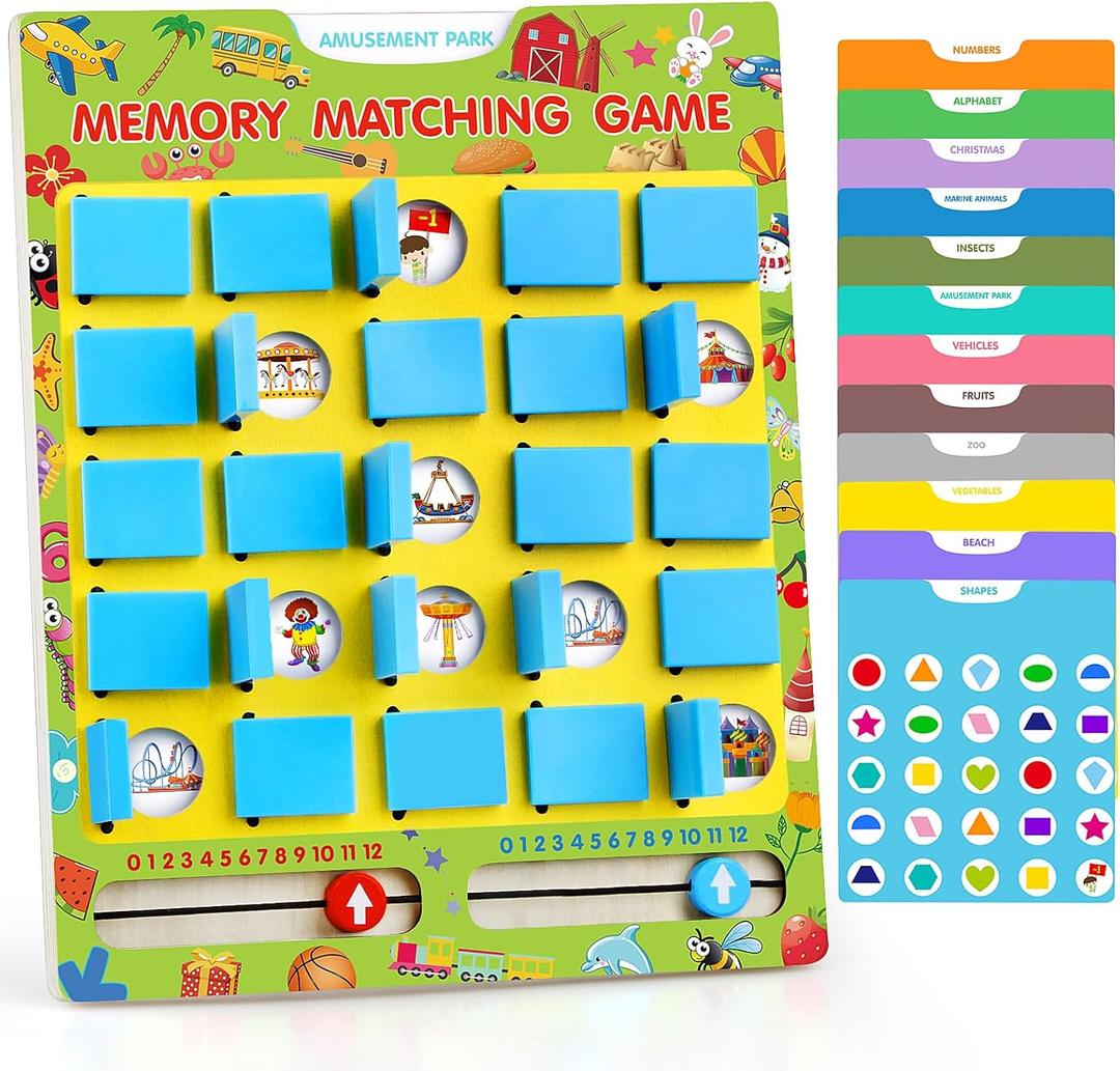 Matching Memory Game for Kids Ages 4-8, Flip to Win Wooden Board Games, Toddler Travel Toys for 3 4 5 6 7 8 Years Old Boys Girls, Road Trip Essentials, Airplane, Car Activity Easter Gifts (Blue)