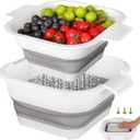 Collapsible Colander Set with Strainer Bowl, 2 in 1 Fruit Washing Basket with Strainer, 5 + 3 QT Plastic Colander for Kitchen, Foldable Double Layered Colanders Bowl for Berry, Vegetable, Grey & White