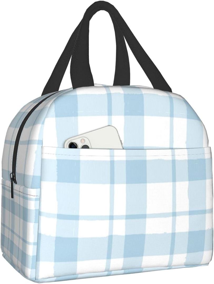 DADABULIU Lunch Bag Plaid Blue Check Insulated Lunch Box Cooler Tote for Adults Kid Girl Women Work Office School Picnic Beach Reusable Lunchbox Over 3 Years Old (A05)