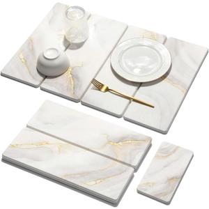 Large Stone Dish Drying Mat for Kitchen Counter, 2 PCS Quick Dry Stone Mats, Foldable Water Absorbing Diatomaceous Earth Drying Dishes Pad for Countertop Bottle Utensil Cup(Yellow White 24"x16"&8"x4")