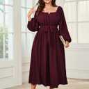 SCOMCHIC Women Plus Size Maxi Dress Long Sleeve Square Neck Wedding Guest Cocktail Belted Elegant Flowy A Line Long Dresses Burgundy 4XL
