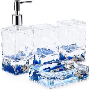 Locco Decor 4 Piece Acrylic Liquid 3D Floating Motion Bathroom Vanity Accessory Set Oceam Theme Shell Toothbrush Holder, Tumbler, Soap Dispenser, Soap Dish