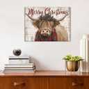 Christmas Highland Cow Wall Art Merry Christmas Sign Poster Rustic Farmhouse Cow Pictures Wall Decor Rustic Wood Grain Farm Animal Canvas Prints Artwork for Kitchen Dining Room Home Decoration 12x16"