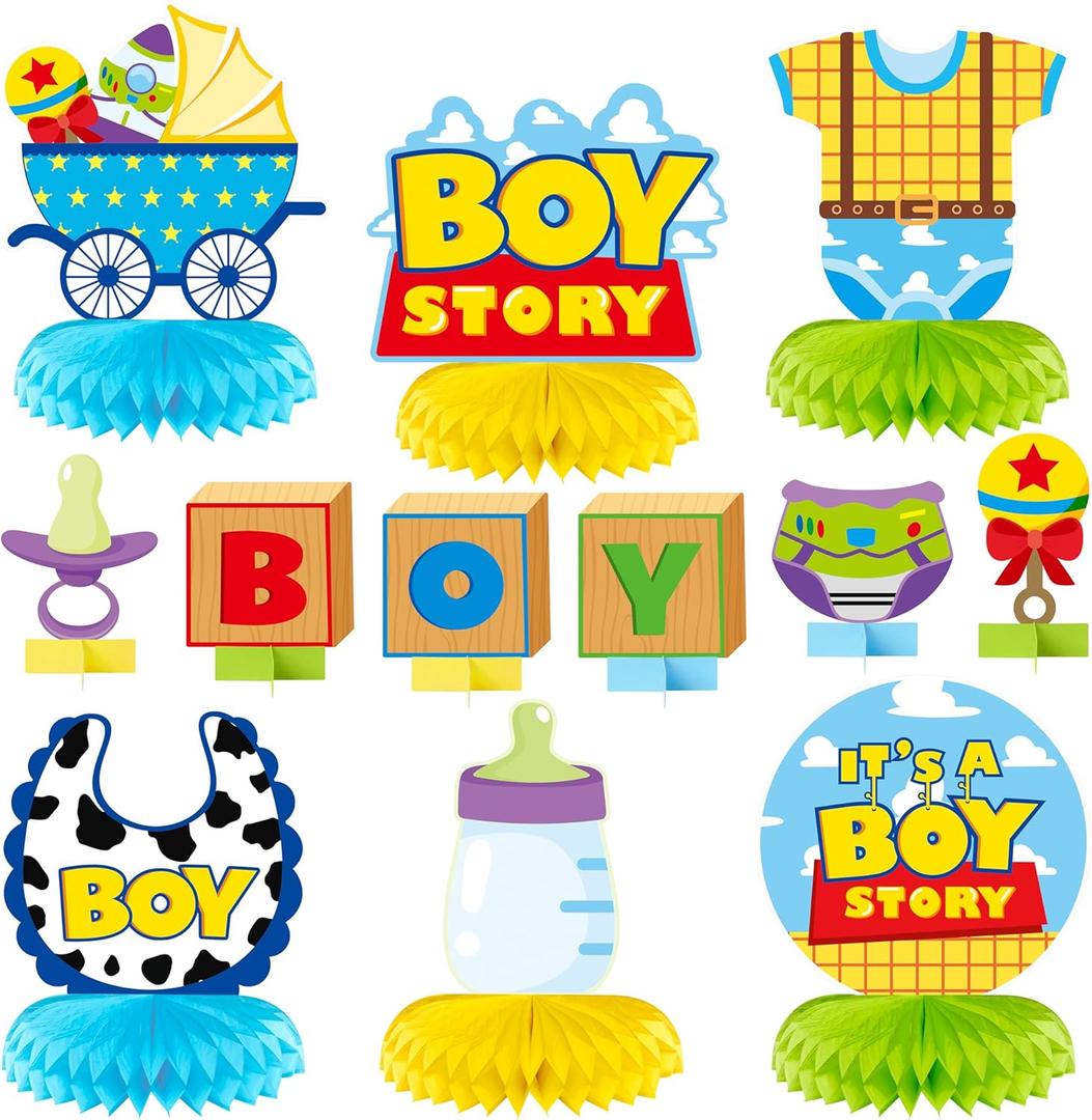 Boy Story Honeycomb Centerpieces - 12PCS Boy Story Baby Shower Party Honeycomb Centerpieces Baby Boys Party Table Decoration Its a Boys Stories Table Topper for Birthday Party Supplies