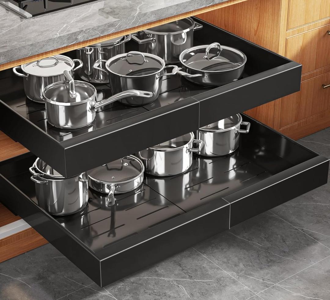 2 Pack Expandable (15.1"-26.3") Pull Out Cabinet Organizer 21" Deep With Raising Pad for Framed Cabinets,Upgrade 3 Slide Rails Slide Out Drawers,No Drill Roll Out Shelves Adhesive,Black