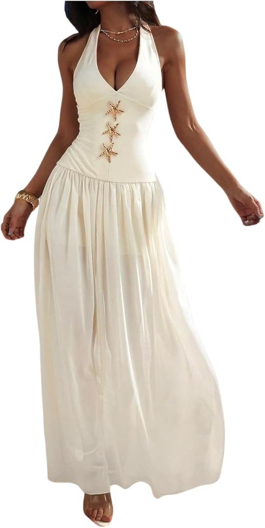 Verdusa Women's Tie Back Halter Dress Vacation Sleeveless A Line Maxi Dresses M