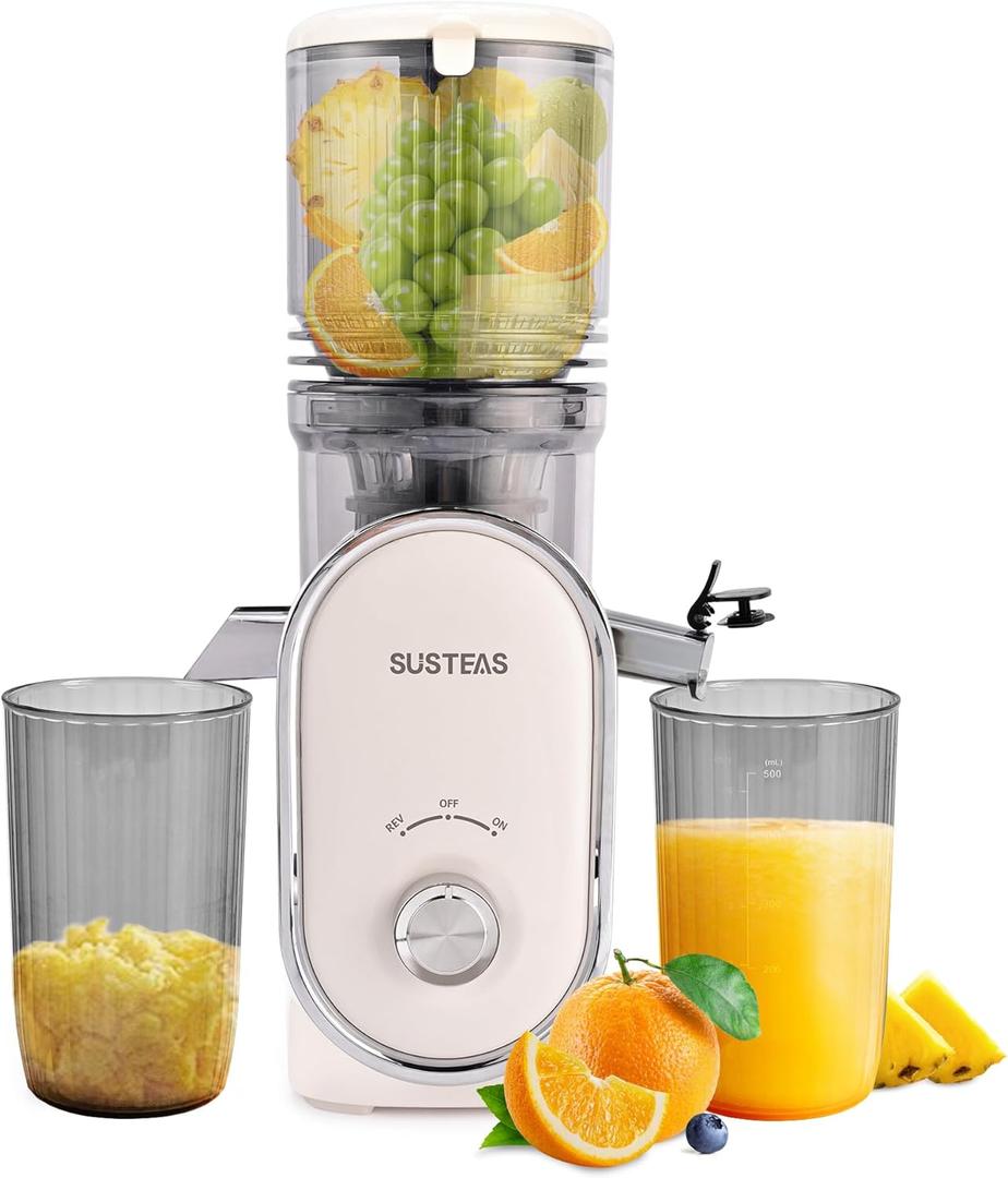 SUSTEAS Cold Press Juicer, 5.3" Feed Chute Slow Masticating Machines with 300W, Fit Whole Fruits & Vegetables, High Juice Yield, Easy to Clean, White
