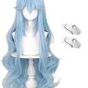 Ice Blue Wig for Cosplay + Hairpin Anime Long Curly Light Blue Wig Women Cosplay Costume Wigs Accessories for Halloween Party + Wig Cap