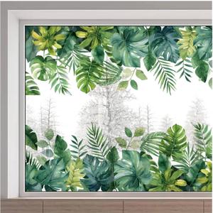GORGECRAFT 15x46inch Tropical Window Glass Decals Static Non Adhesive Green Plant Leaf Flower Botanical Reusable Double Sided Anti Collision Non-Adhesive Window Decals Cling for Home Room Sliding Door