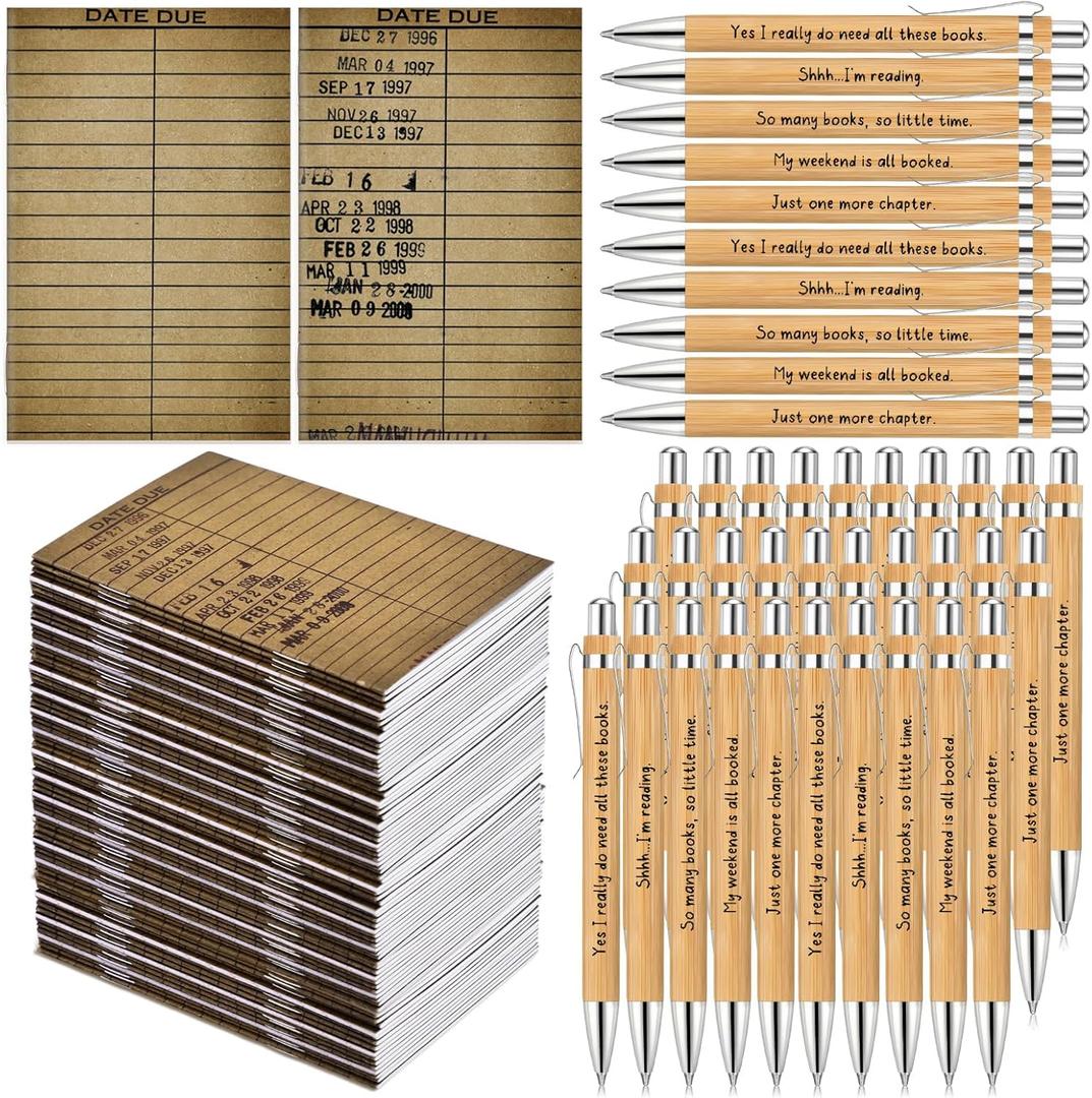 50 Set Valentines Book Club Gifts Bulk Book Lovers Gift Librarian Gift Bulk Due Date Notepad Bamboo Pens for Writers Reading Accessories Club Party Favors Teacher Librarian Day Appreciation