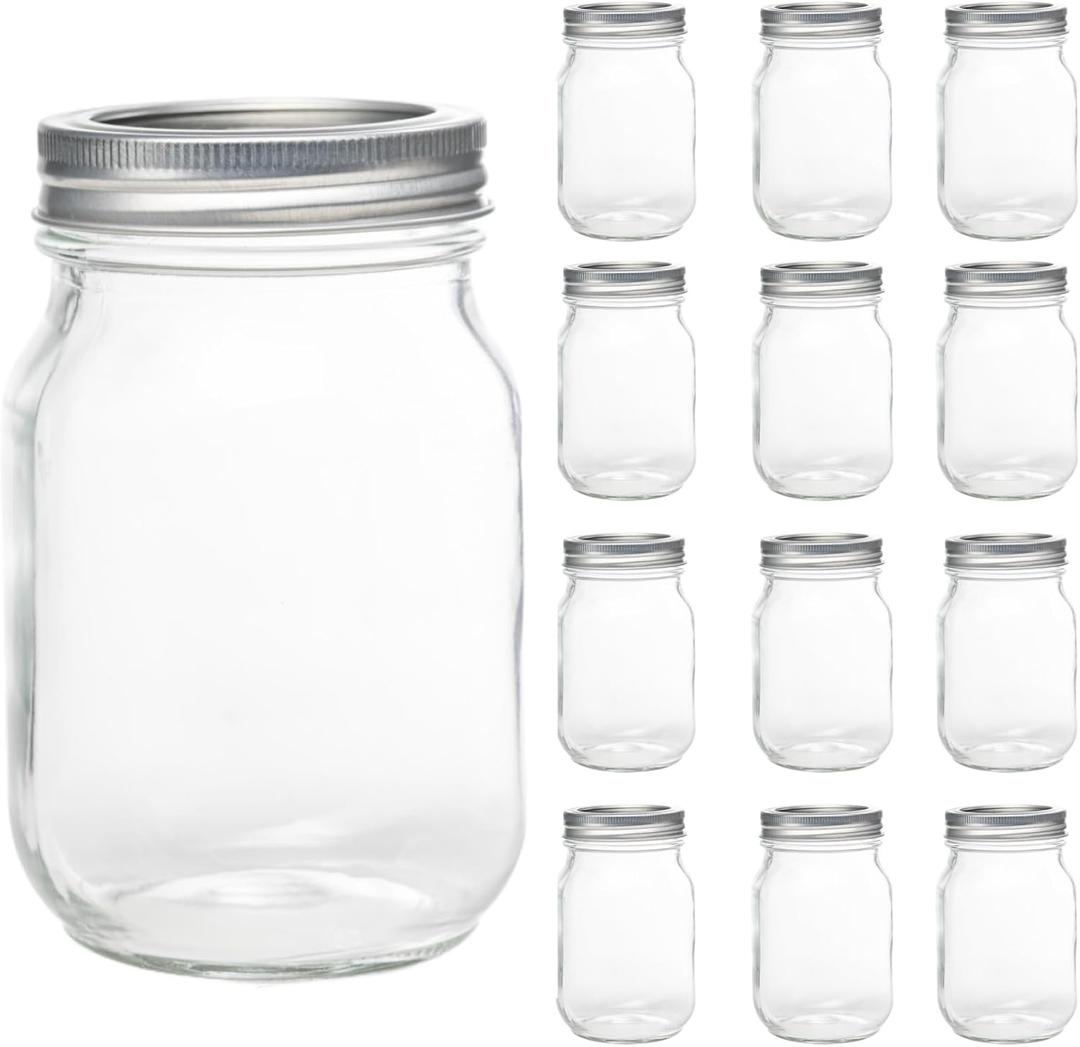 Yodecy 12 Pack 16oz Mason Jars, Regular Mouth jars with Silver Metal Lids, Canning Jars for Overnight Oats, Food Storage, Dry Food, Snacks, Candies and More, 3.74 inches x 4.7 inches