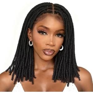 FAVE 14” Full Lace Dreadlock Wig Soft Faux Locs Wig with Baby Hair Synthetic Goddess Locs Braided Wigs for Black Women Natural Black Braided Wig for Daily Use Big Head Friendly