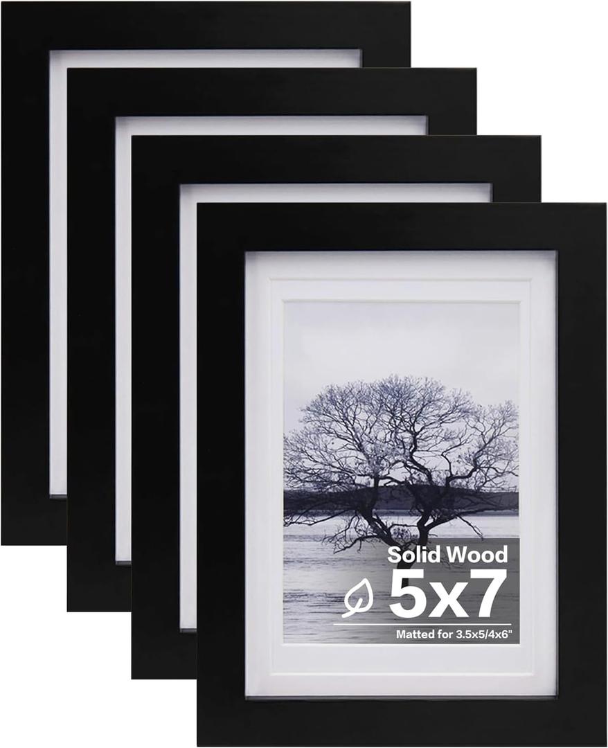 Egofine 5x7 Picture Frames Set of 4, Made of Solid Wood Covered by Plexiglass 3.5x5 and 4x6 with Mat or 5x7 without Mat, for Table Top Display and Wall Mounting Photo Frame Black
