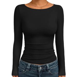 Trendy Queen Women's Boat Neck Tops Long Sleeve Shirts Casual Fitted Tee Shirts Solid Color Fall Basic Clothes (Black, Small)