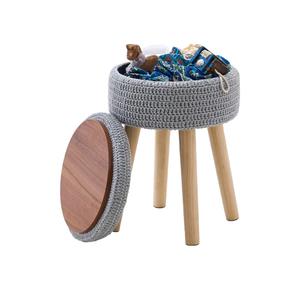 Wimarsbon Pouf Ottoman, 100% Cotton Knitted Boho Footstool, Round Footrest with Non-Skid Wood Legs, Home Décor Handmade Pouffe, Leisure Floor Step Stool for Living Room (High Storage Grey)