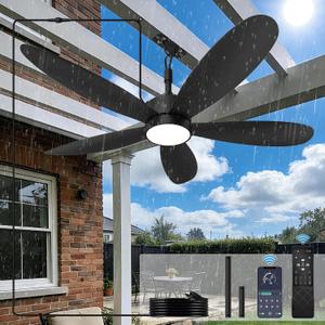 52" Outdoor Ceiling Fan With Light, Plug In Ceiling Fan With Remote, Waterproof IP67 Outdoor Fans For Patios, Gazebo Fan With Light 6 Speed DC Motor 3CCT LED, Black For Porch Pergola Gazebo Patio