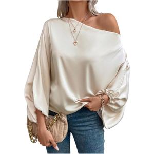 Verdusa Off The Shoulder Blouses for Women 3/4 Length Sleeve Asymmetrical Tops Business Casual Outfits (Apricot, Smal)l