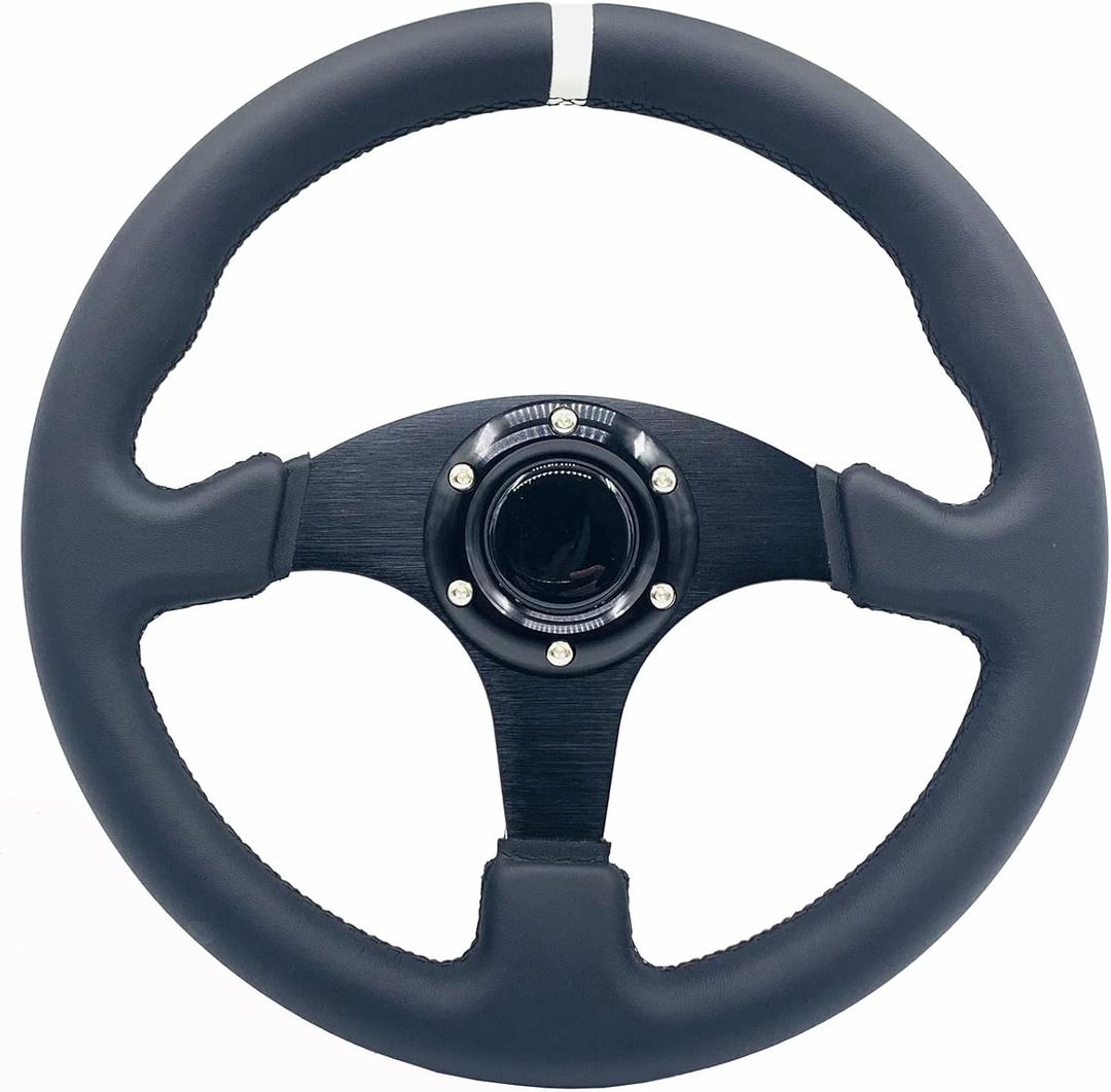 13inch/330mm White Stripe Racing Steering Wheel Genuine Leather and Aluminum Frame 6 Bolt Flat Bottom Steering Wheel for Racing/Car Sim Driving