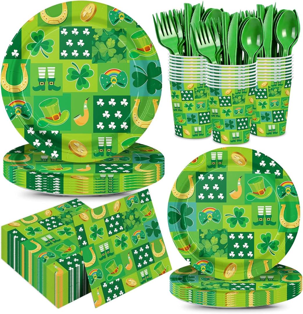 168pcs St Patricks Day Paper Plates Napkins St Patricks Day Decorations for Irish Disposable Party Tableware Set Party Supplies Serve 24 Guests