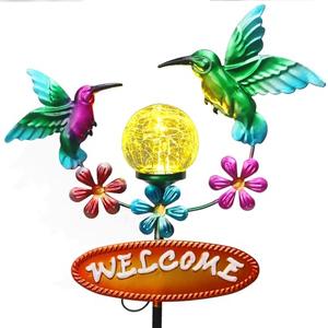 Newinhome Outdoor Solar Garden Stakes Welcome Sign, 2 Flying Hummingbirds with Cracked Glass Ball,Decorative Garden Stakes for Lawn, Patio, Hummingbird Gifts for Women