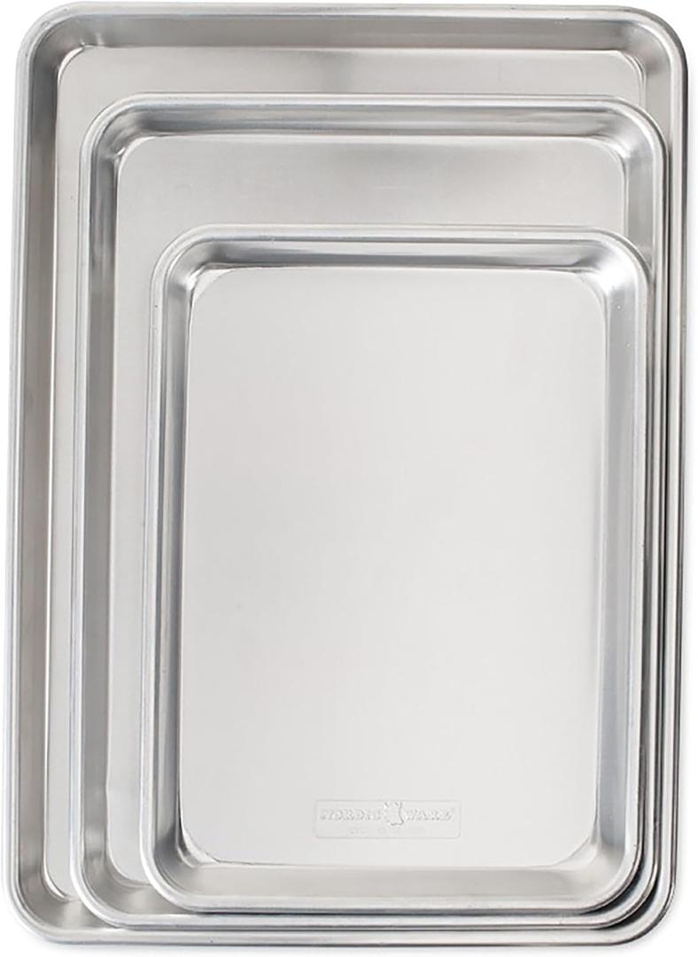 Nordic Ware Naturals 3 Piece Set - USA Made Aluminum Commercial Quality Sheet Pan for Baking or Roasting, Encapsulated Galvanized Steel Rim Prevents Warping; Half Sheet, Jelly Roll and Quarter Sheet (Bakers Delight Set, 1-Pack)