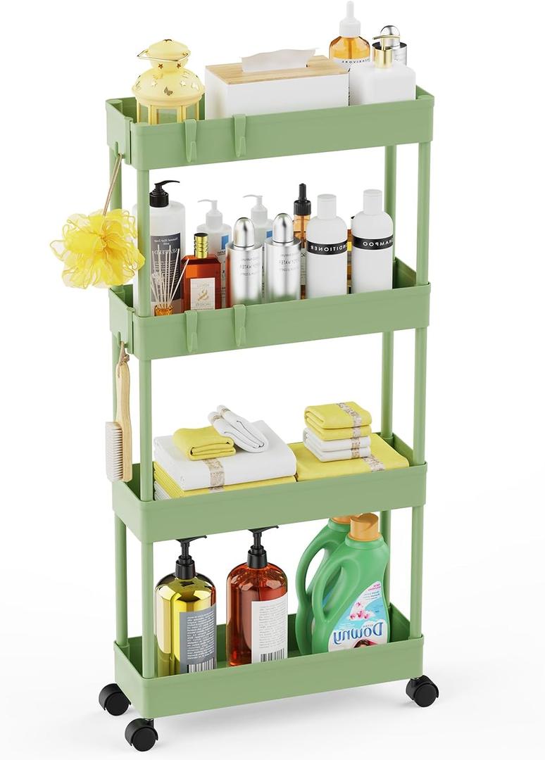 LEHOM 5.1" Slim Storage Cart - 4 Tiers Bathroom Organizer Mobile Shelving Unit Storage Rolling Utility Cart Slide Out Organizer for Kitchen Bathroom Laundry Narrow Places, Green (Light Bean Green)