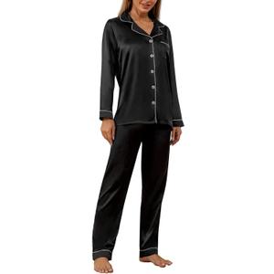 YIMANIE Womens Pajamas Silk Satin Pajama Sets for Women Soft Button Down Womens Loungewear Set with Pockets (Medium, Black-long)