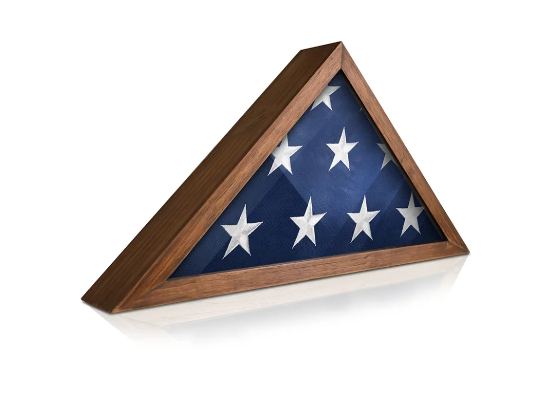 HBCY Creations Flag Display Case for 5' x 9.5' American Veteran Burial Solid Wood Rustic Brown Frame with Glass Front Wall Mount or Standing Display, Box