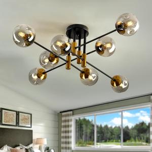 8 Light Glass Globe Ceiling Light Black and Gold Mid Century Flush Mount Sputnik Light Fixture Bubble Chandelier Living Room Farmhouse for Dining Room Kitchen Bedroom