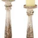 Deco 79 Wood Distressed Pillar Candle Holder, Set of 2 13", 15"H, Brown