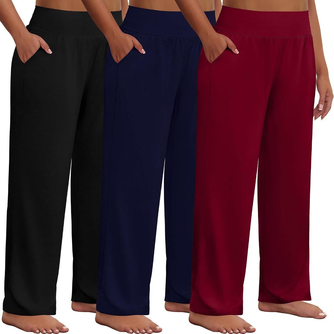 Neer 3 Pack Women Plus Size Wide Leg Yoga Pants High Waist Sweatpants Plus Size Palazzo Pants Lounge with Pockets 4XL