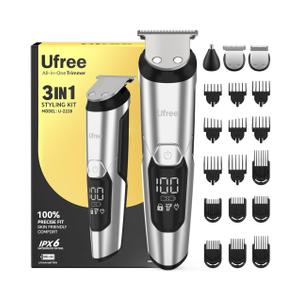 Ufree 3-in-1 Beard Trimmer Kit, Men's Electric Shaver Razor for Mustache Body Nose Facial Hair, Professional Hair Trimmer, Rechargeable Clippers, Waterproof Beard Grooming, Birthday Gifts for Men