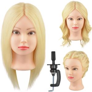 16" 100% Blonde Real Human Hair Mannequin Head Training Practice Head with Clamp Holder for Hairstyle Design (613#)