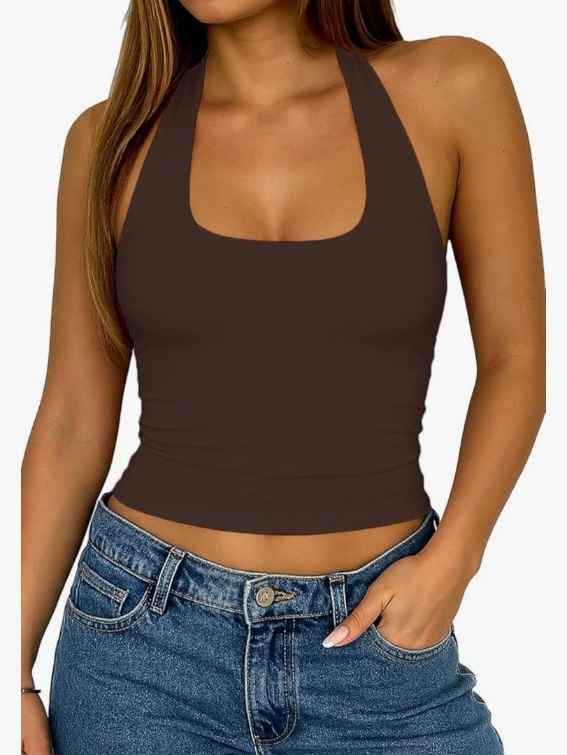 ForeFair Backless Halter Tops for Women - Summer Tank Top Casual Open Back Cute Sleeveless Size L