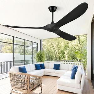 60" Ceiling Fans Without Light, Solid Wood Ceiling Fan with Remote Control and Quiet DC Motor, Ceiling Fan no Light 3 Blades, Outdoor Ceiling Fans for Patios without Lights (Matte Black)