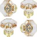 4 Pack Glass Cabinet Knobs and Pulls,Octagon Champagne Crystal Knobs for Dresser Drawer with Satin Brass/Brushed Gold Base