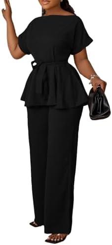 Women's 2 Piece Outfits Suit Set Short Sleeve Peplum Top Flared Pants Sets Business Pantsuits, 3XL, Black