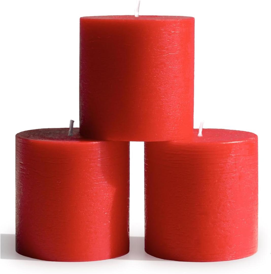 CANDWAX 3x3 Inch Red Pillar Candles Set of 3 - Rustic Unscented No Drip Red Candles for Weddings, Centerpieces, Home Dcor, Christmas Decorations