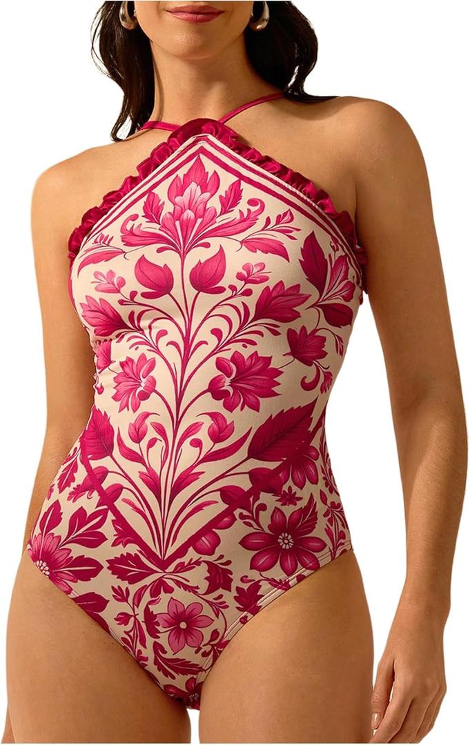 WDIRARA Women's Boho Floral Print Halter Bodysuit Frill Trim Sleeveless Leotard Top (Hot Pink) M 