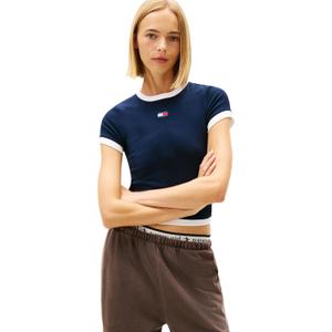 Tommy Jeans Women's Short Sleeve Cotton Graphic T-Shirts with Embroidered Badge Logo (Large, Dark Night Navy)
