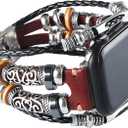 Compatible with Apple Watch Band 46mm 45mm 44mm 42mm 41mm 40mm 38mm 49mm, iWatch Series 10/9/8/7/SE/6/5/4/3/2/1/Ultra, Leather Boho Bracelets Jewelry Multilayer Metal Cuff Retro Strap for Men&Women