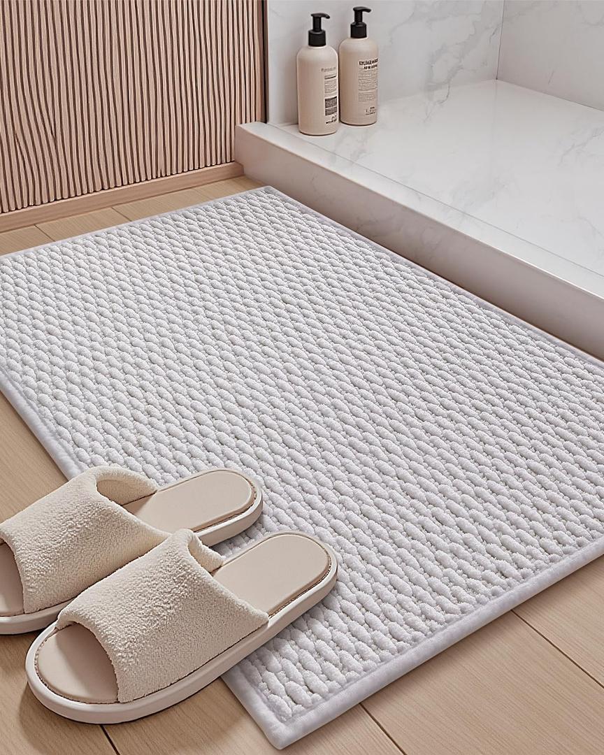 Bath Mat,Chenille Absorbent Bathroom Mat Quick Dry Rubber Backed Bathroom Rugs Non Slip Washable Bath Mats,Ultra Thin Bathroom Rugs Fit Under Door 3x4ft White