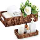 2 Pcs Toilet Paper Basket for Back of Toilet Wicker Water Hyacinth Basket Topper and Vanity Tray Set with Built-in Handles for Paper Hand Towel, Bathroom, Home, Spa(Dark Brown)