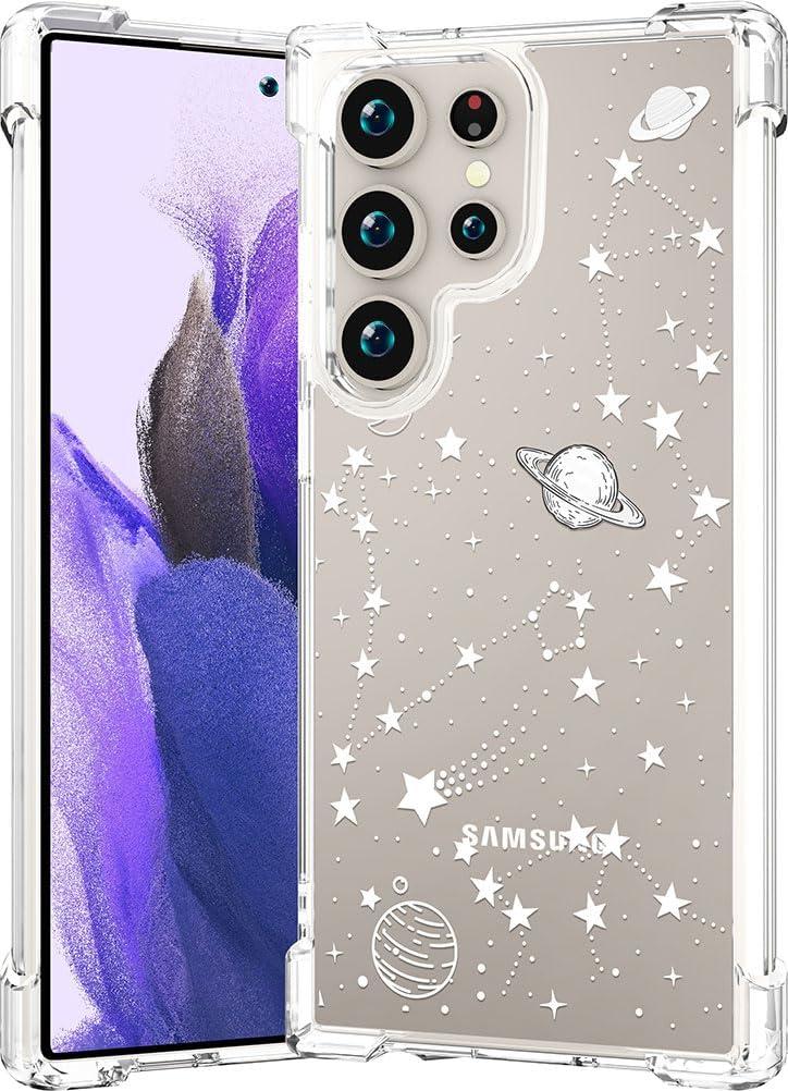 Compatible for Samsung Galaxy S25 Ultra Case Clear Cute for Women - Rugged Phone Cases Funda Protector Cover Skin (White Planets Galaxy Universe)