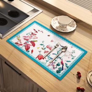 Dish Drying Mat Absorbent Floral Coffee Mat Rubber Backed Soft Silicone Bird Kitchen Dish Draining Mat for Kitchen Bathroom Coffee Bar (Light Blue, 12 x 16 Inches)